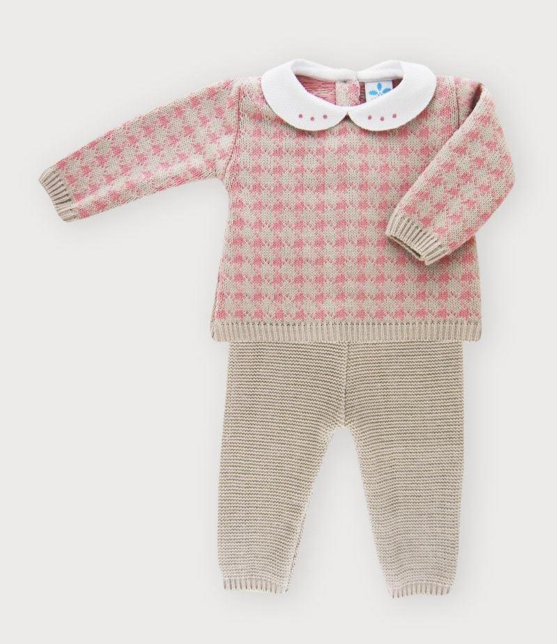 Sardon Baby Girl's Beige and Pink Knitted Two Piece Outfit