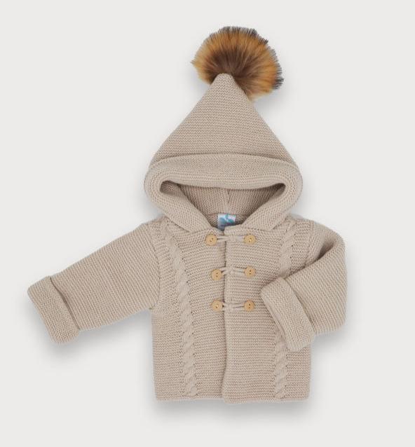 Sardon Baby Boys Beige Knitted Cable Jacket With Hood and Fur Pompom