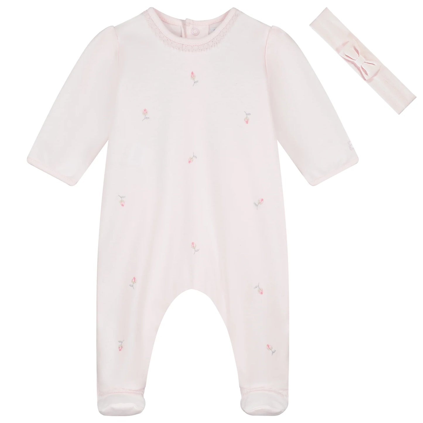 Emile et Rose Baby Girl's Pale Pink Embroidered Rosebud Babygrow & Headband