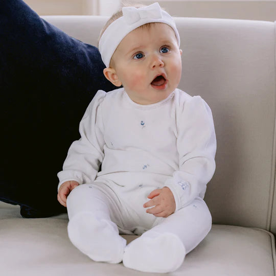 Emile et Rose Baby Girl's White Velour With Blue Embroidered Rosebud Babygrow & Headband