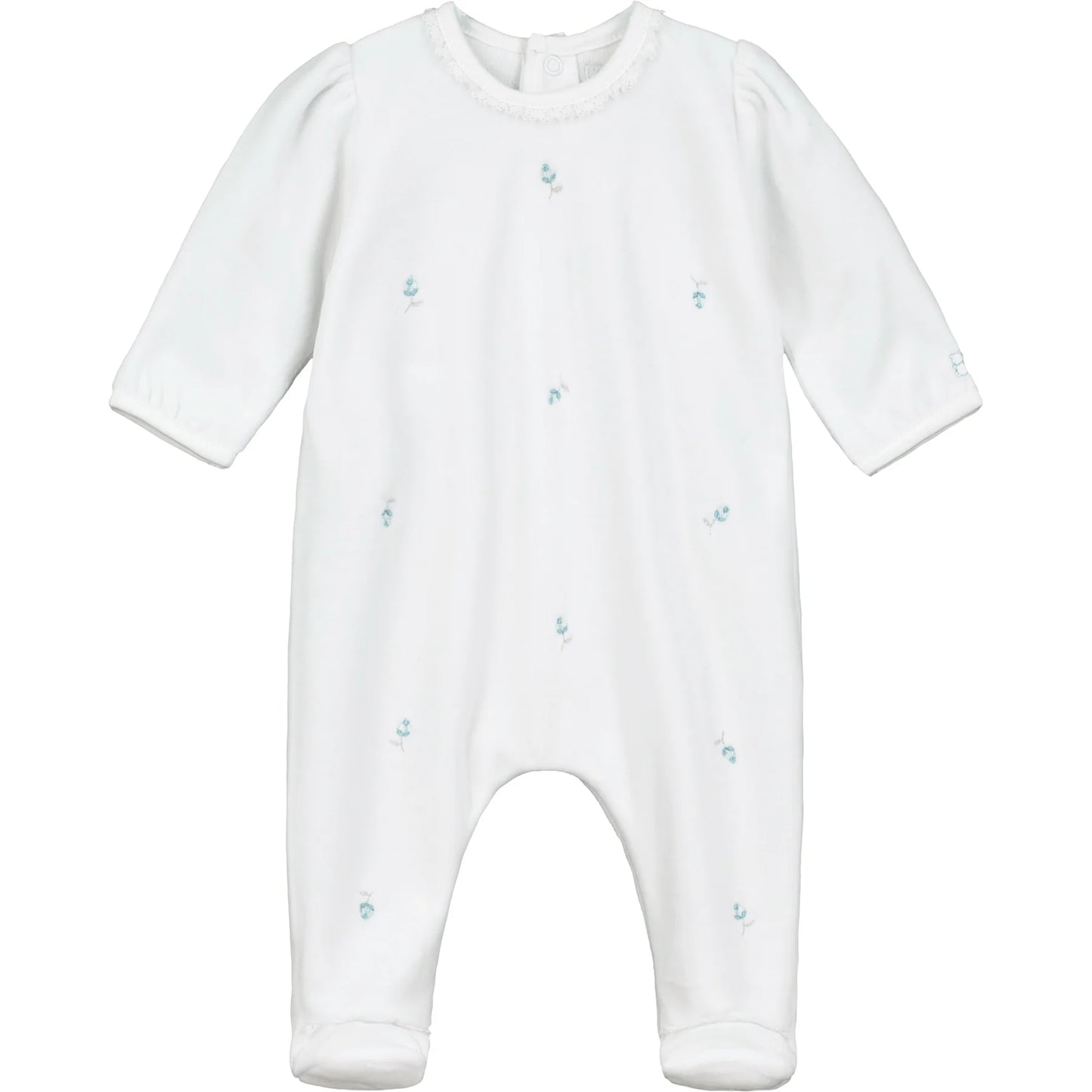 Emile et Rose Baby Girl's White Velour With Blue Embroidered Rosebud Babygrow & Headband
