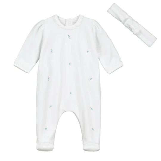 Emile et Rose Baby Girl's Blue Embroidered Rosebud Babygrow & Headband