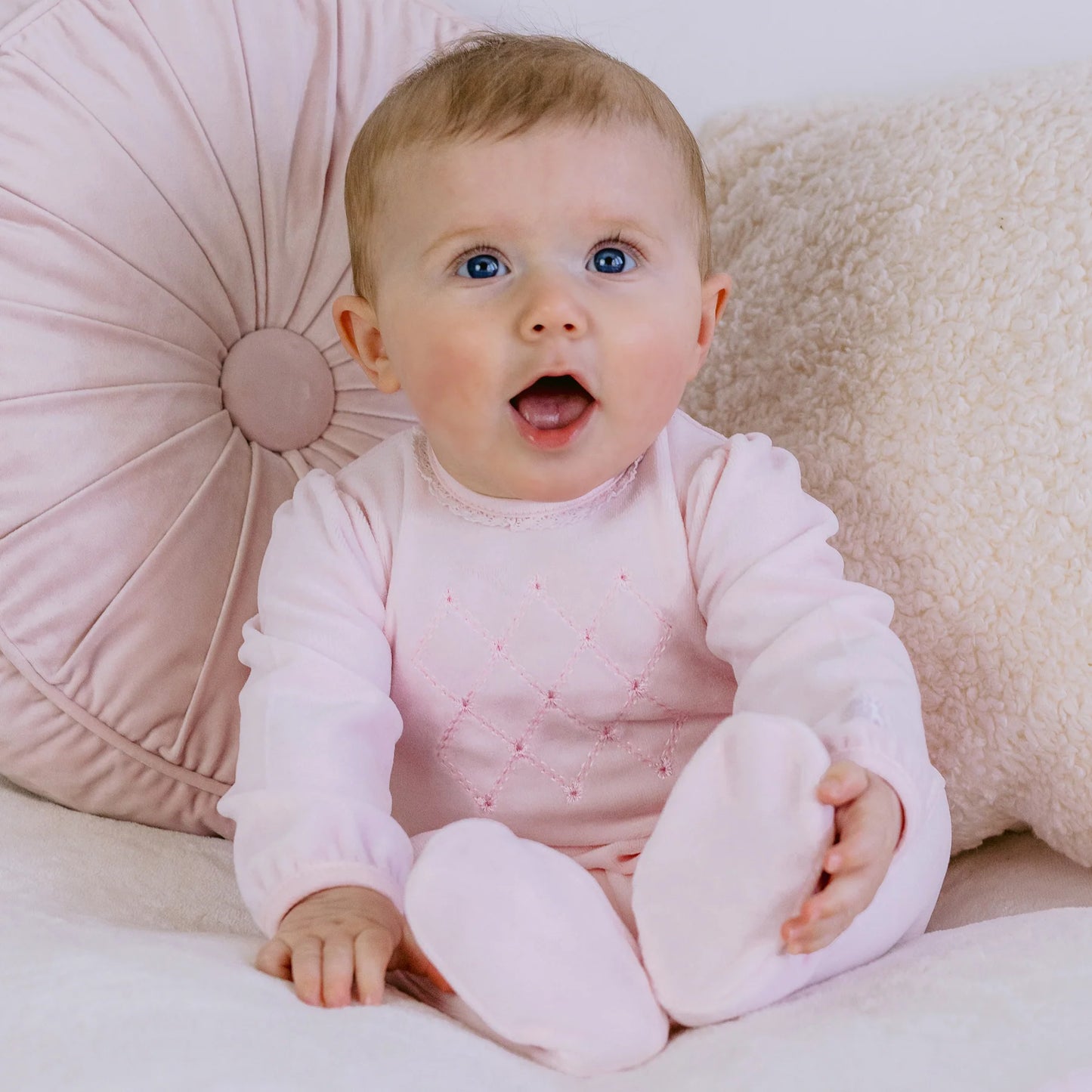 Emile et Rose Baby Girl's Pale Pink Velour Embroidered Babygrow