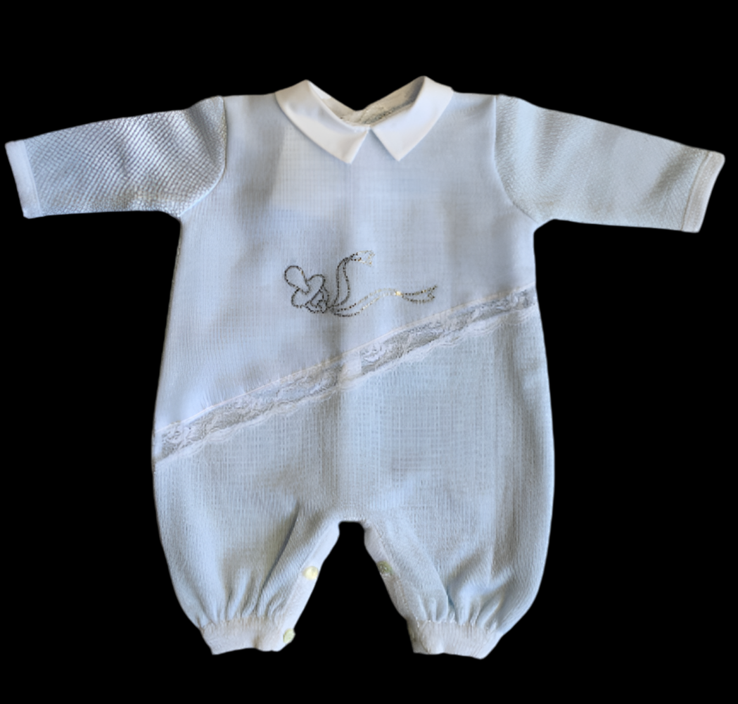 Ladia Baby Boy's Pale Blue Long Sleeve Romper With Diamonte Dummy