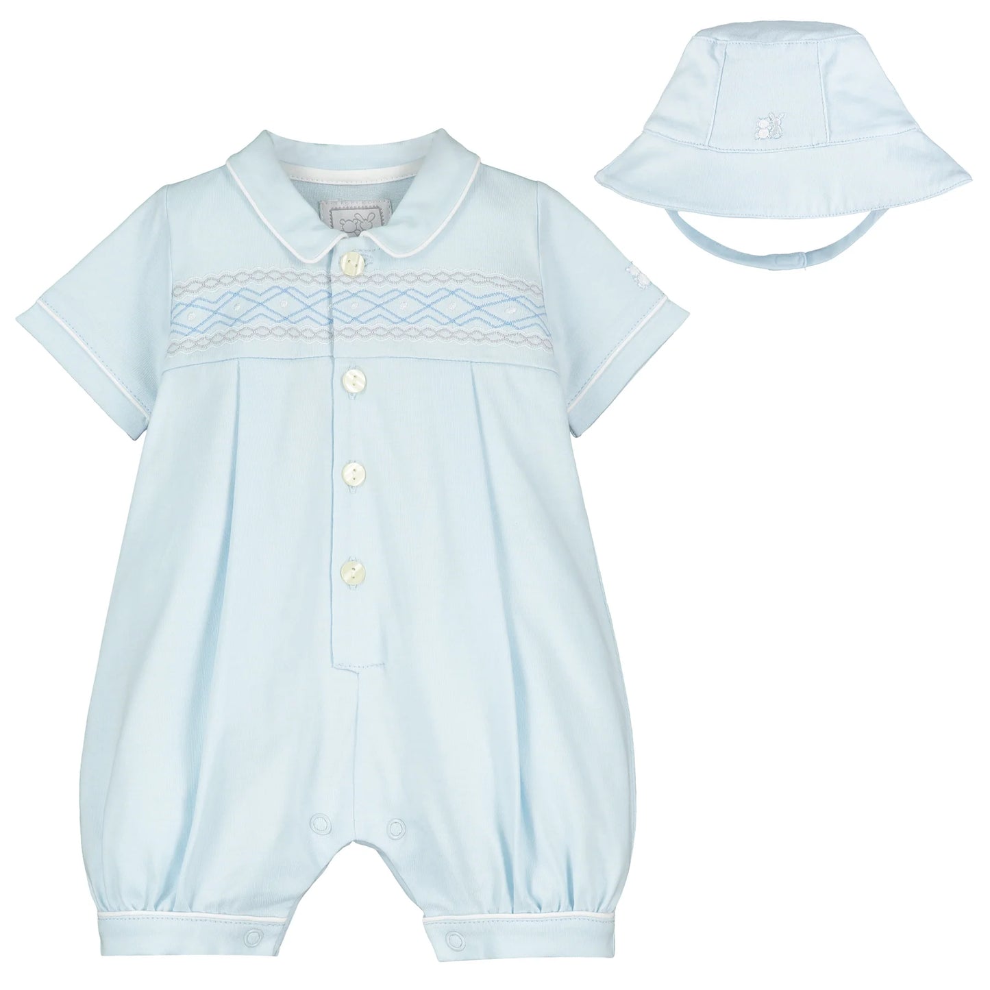 Emile et Rose Baby Boy's Pale Blue Embroidered Short Romper & Hat