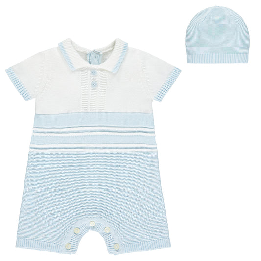 Emile et Rose Baby Boy's Pale Blue & White Knit Romper & Hat