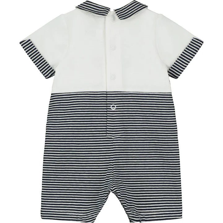 Emile et Rose Baby Boys Short Sleeve White Polo and Navy Stripe Romper with Embroidery