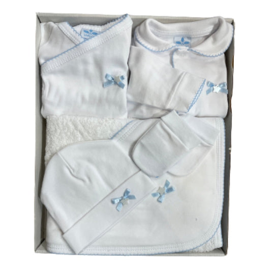 5 Piece Baby Boy's Hooded Towel Gift Set White with Blue Trims
