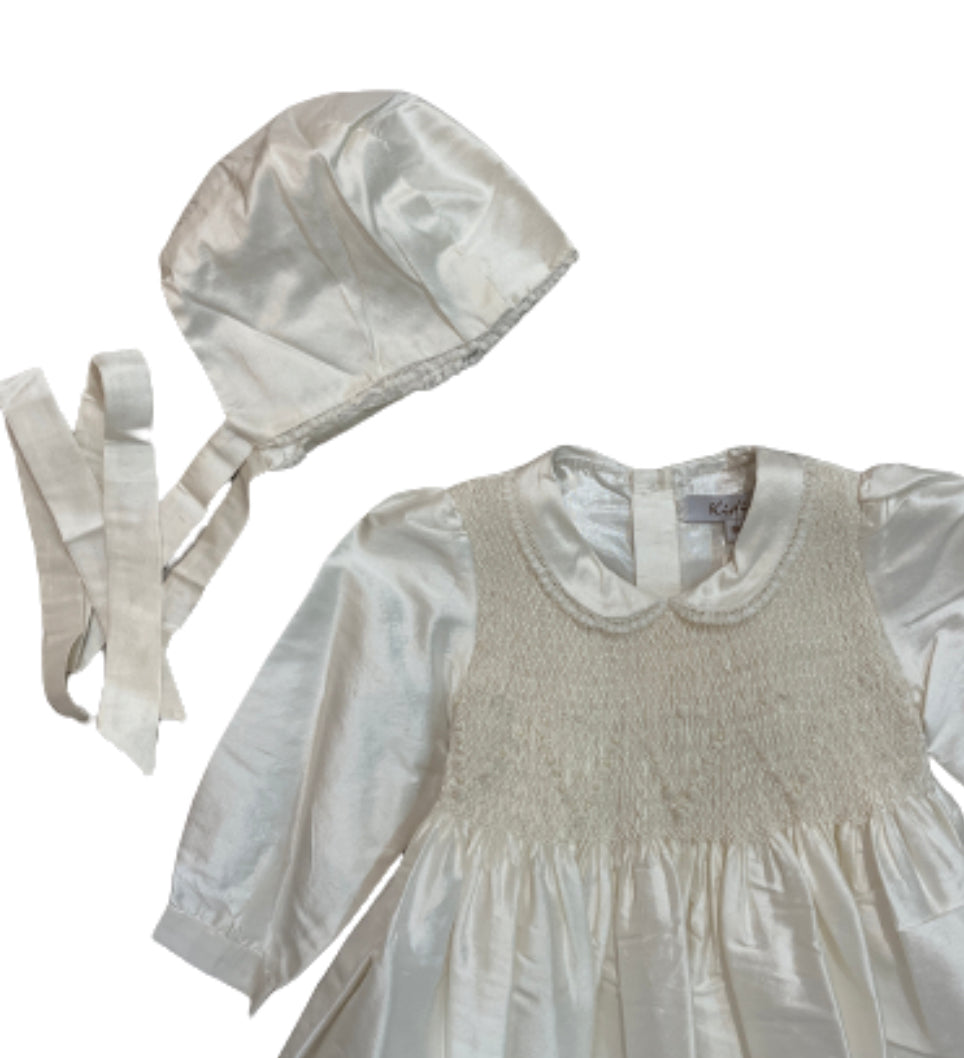 Kidiwi Baby Girl's Ivory Hand Smocked Christening Robe & Bonnet