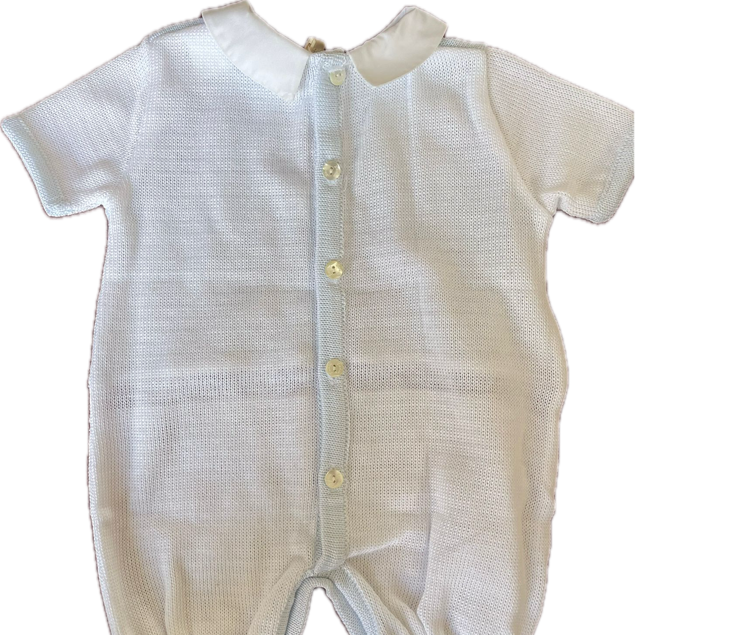 Ladia Baby Boy's Pale Blue/White Short Sleeve Romper With Diamonte Train & Lace