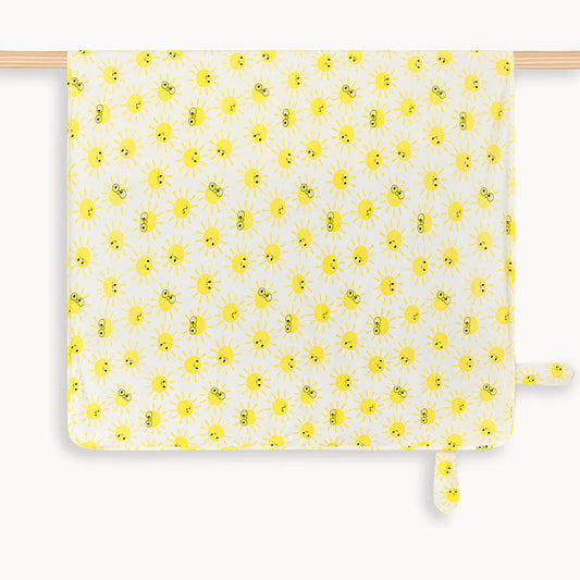 organic cotton swaddle blanket with yellow sunshine print