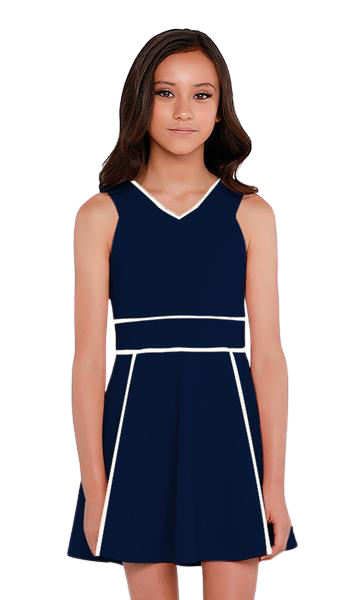 Sally Miller Girl's Navy V Neck Fit and Flare Dress with Ivory Piping