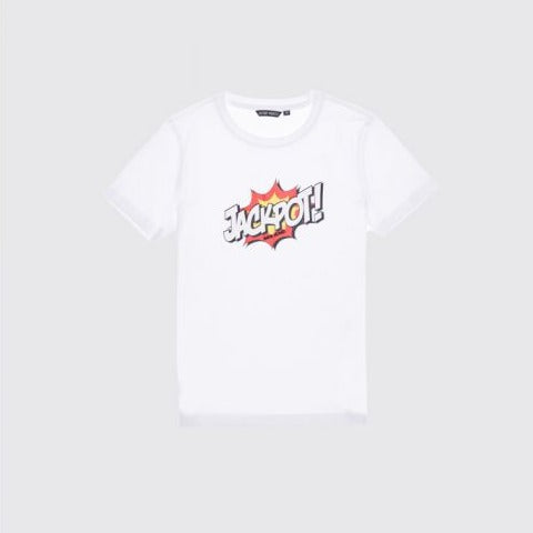 White crew neck boys t-shirt with jackpot logo on the front