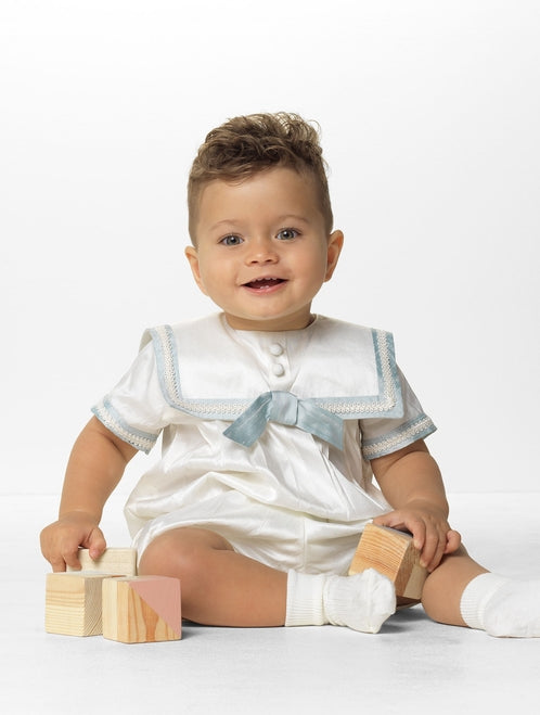 Sarah Louise Baby Boy's Ivory & Blue Silk Christening Romper & Hat