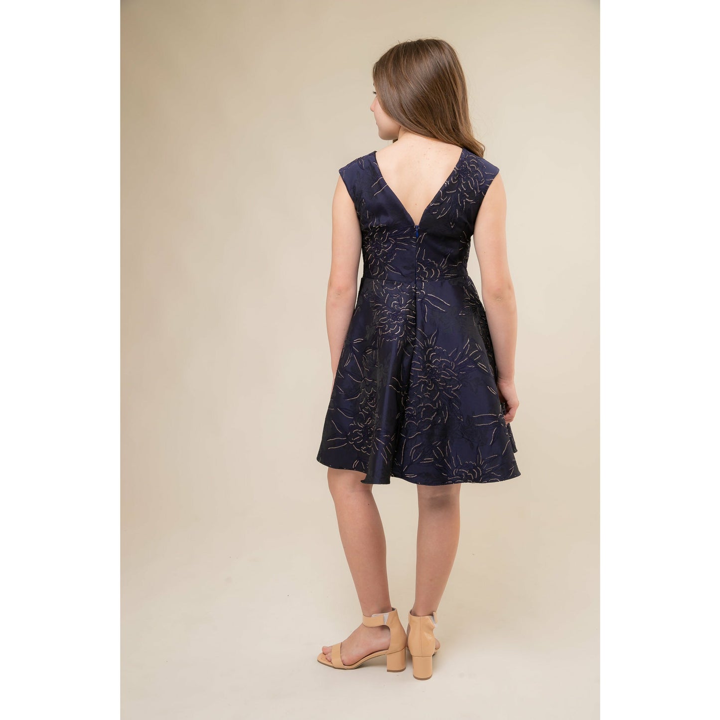 Un Deux Trois Girl's Navy & Gold Jacquard Party Dress