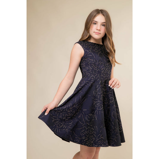 Un Deux Trois Girl's Navy & Gold Jacquard Party Dress