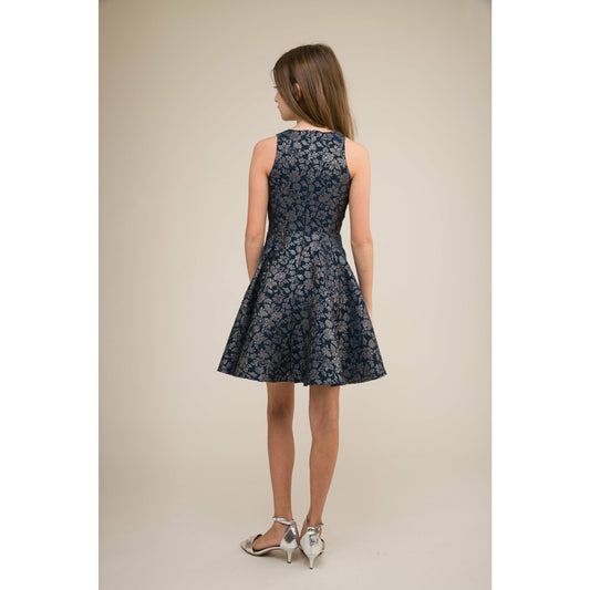 Un Deux Trois Girl's Navy & Silver Floral Jacquard Dress