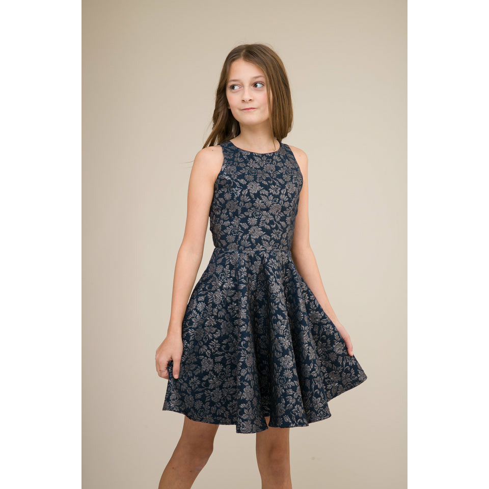 Un Deux Trois Girl's Navy & Silver Floral Jacquard Dress