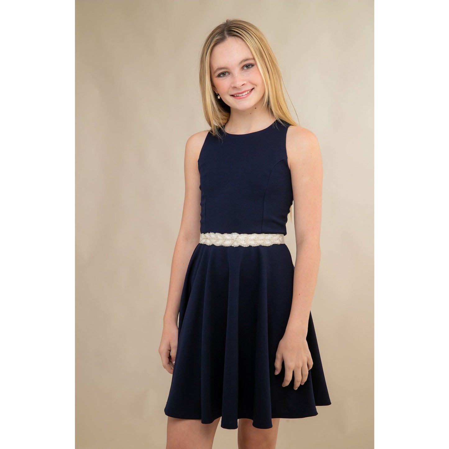 Un Deux Trois Girl's Navy Fit & Flare Textured Dress