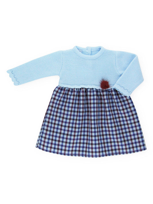 Sardon Baby Girl's Pale Blue Knit Dress with Check Skirt