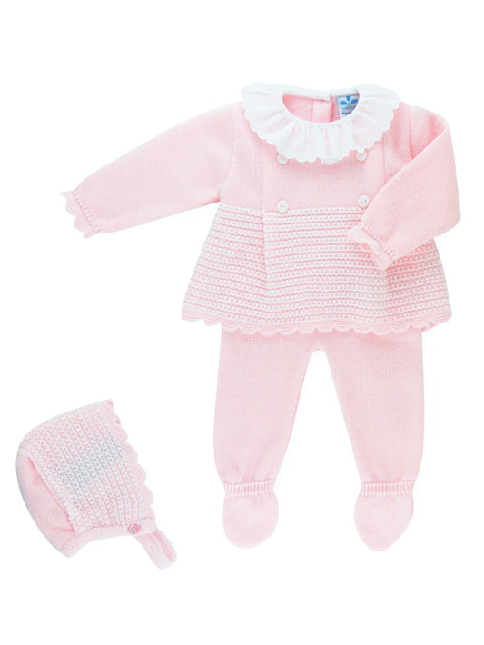 Sardon Baby Girl's Pink Knitted Two Piece Outfit With Bonnet