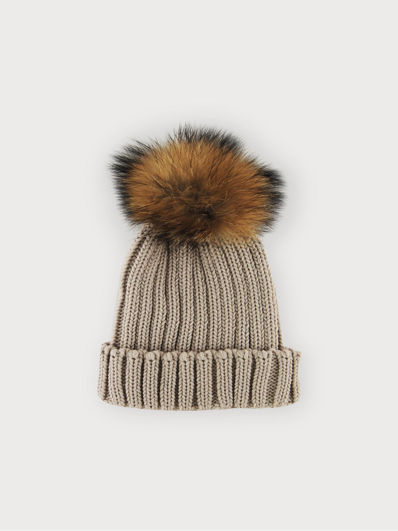 Sardon Girl's Beige Knitted Hat With Fur Pom-Pom