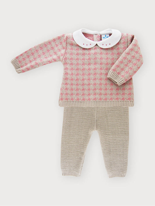 Sardon Baby Girl's Beige and Pink Knitted Two Piece Outfit