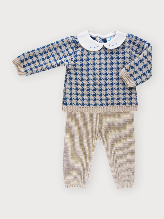 Sardon Baby Boy's Blue And Beige Jacquard Knitted Two Piece Outfit
