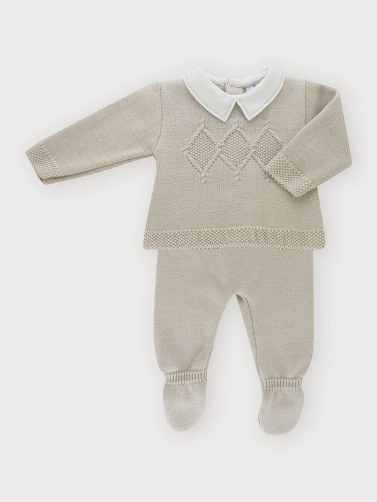 Sardon Baby Boy's Beige Knitted Two Piece Outfit with White Collar