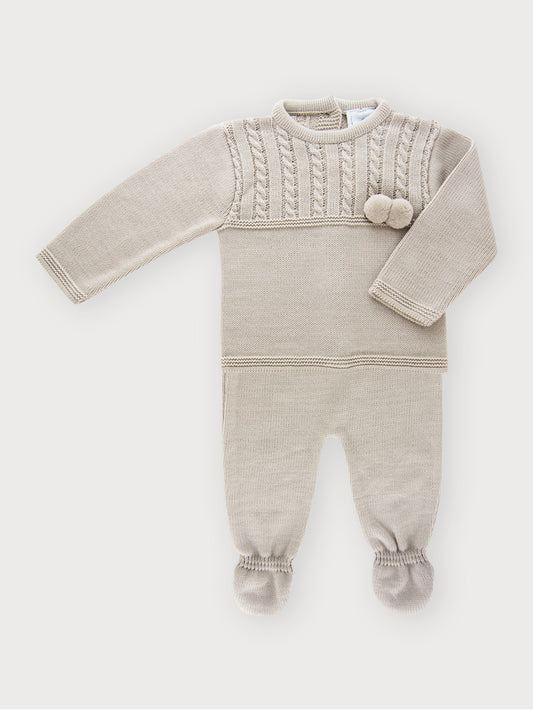 Baby boy's beige knitted 2 piece sweater and pull on trousers