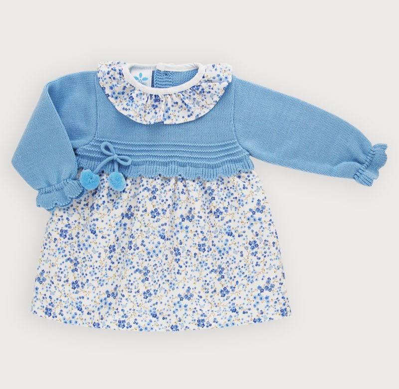 Sardon Baby Girl's Blue Knit & Ditsy Print Dress