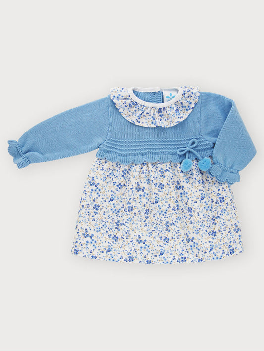 Sardon Baby Girl's Blue Knit & Ditsy Print Dress