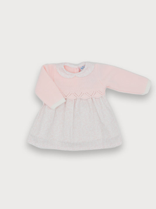 Sardon Baby Girl's Pink Knitted Dress with White Skirt with Pink Leaf Design