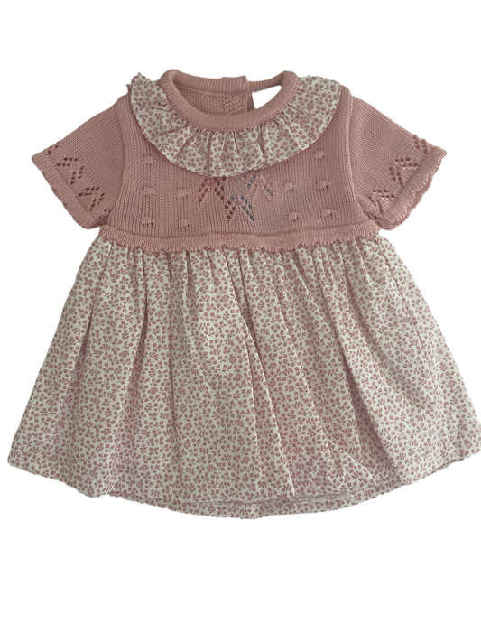 Sardon Baby Girl's Short Sleeve Dusty Pink Cotton Knit & Ditsy Print Dress