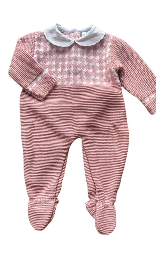 Sardon Baby Girls Dusty Pink and White Knitted Romper with Feet