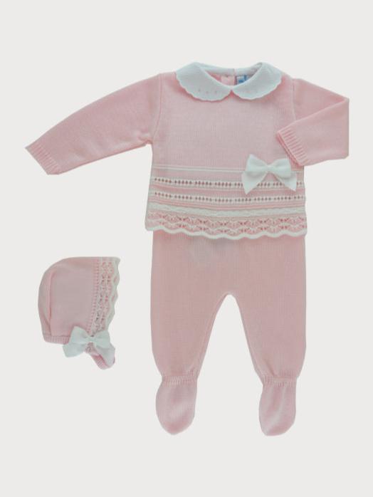 Sardon Baby Girl's Pink Knitted Two Piece Outfit With Bonnet