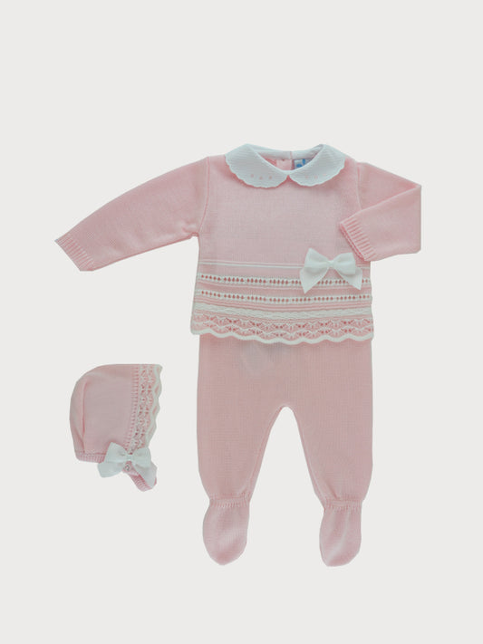 Sardon Baby Girl's Pink Knitted Two Piece Outfit With Bonnet
