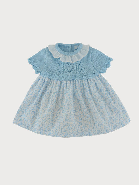 Sardon Baby Girl's Short Sleeve Blue Cotton Knit & Leaf Print Dress