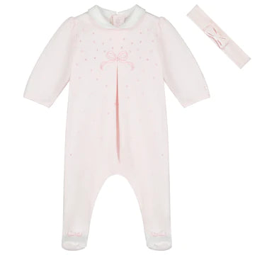 Emile et Rose Baby Girl's Pale Pink Velour Bow Embroidered Babygrow