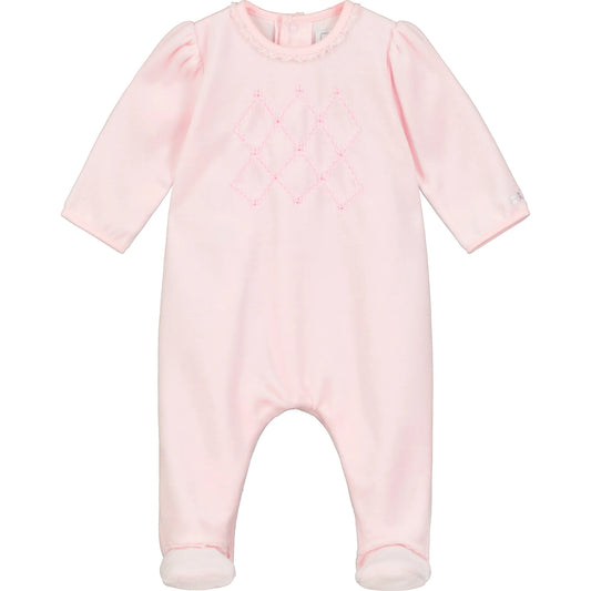 Emile et Rose Baby Girl's Pale Pink Velour Embroidered Babygrow