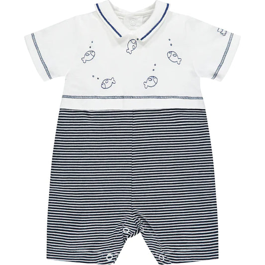 Emile et Rose Baby Boys Short Sleeve White Polo and Navy Stripe Romper
