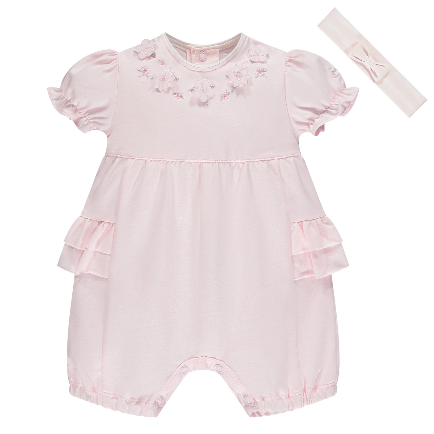 Emile et Rose Baby Girl's Pale Pink Romper With 3D Flowers & Hairband