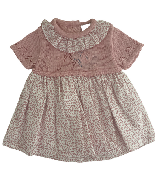 Sardon Baby Girl's Short Sleeve Dusty Pink Cotton Knit & Ditsy Print Dress