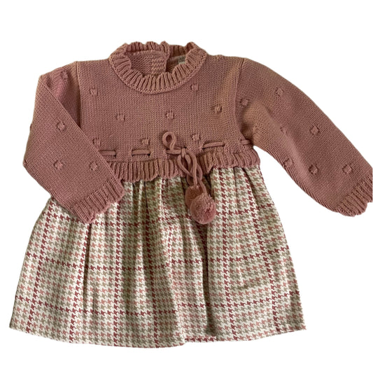 Sardon Baby Girl's Dusty Pink Popcorn Knit Dress with Houndstooth Skirt