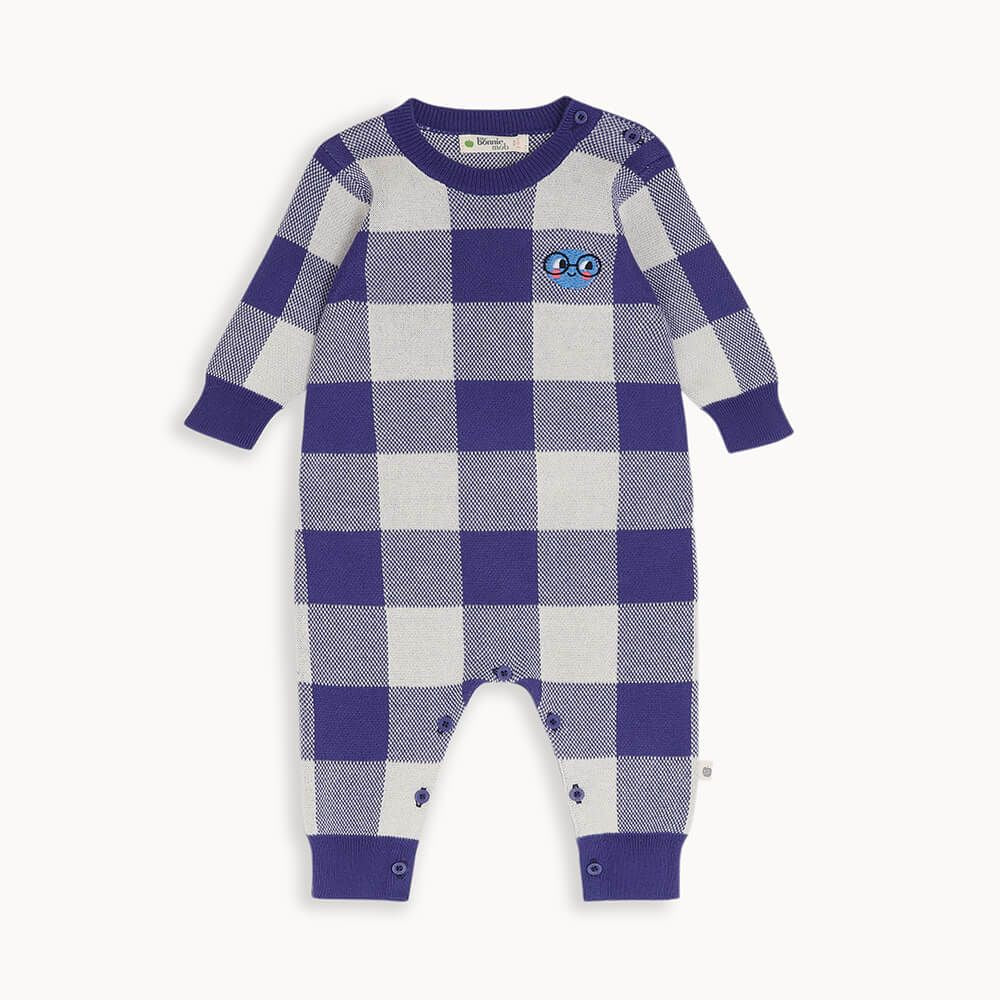 The Bonnie Mob Baby Boy's Dark Blue Knitted Check Romper