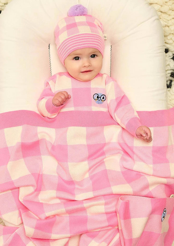 The Bonnie Mob Baby Girl's Pink Check Knitted Blanket