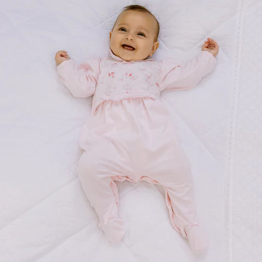 Emile et Rose Baby Girl's Pale Pink Babygrow With Pink Scallop Embroidered Collar