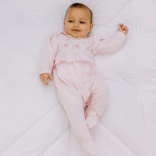 Emile et Rose Baby Girl's Pale Pink Babygrow With Pink Scallop Embroidered Collar