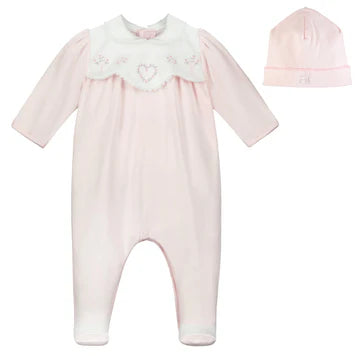 Emile et Rose Baby Girl's Pale Pink Babygrow With Embroidered White Yoke And Hat