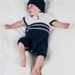 Emile et Rose Knitted Baby Boy Romper in Navy and White with Matching Hat